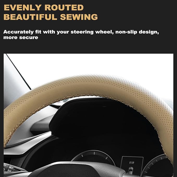 AUTOXBERT 38cm/15 Inch Genuine Leather DIY Steering Wheel Cover Soft Hand Sewing On Wrap Cover with Needles Thread fit for VW Ford Nissan Kia Vauxhall