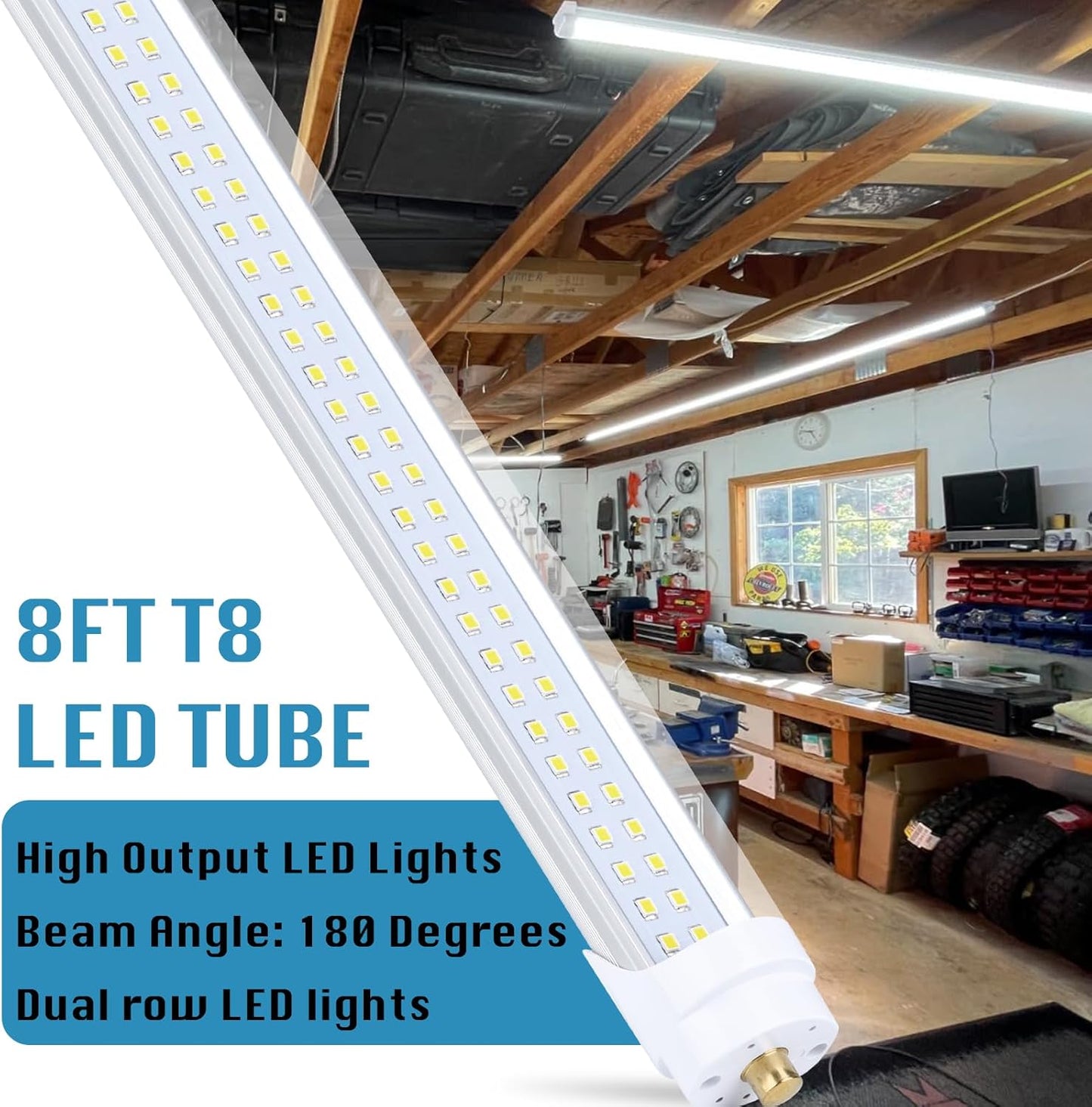 4-Pack, 8 Foot LED Bulbs, 100W 15000lm 6000K Cold White, Super Bright, T8 T10 T12 LED Tube Lights, FA8 Single Pin LED Lights, Clear Cover, 8 Foot LED Bulbs to Replace Fluorescent Light Bulbs