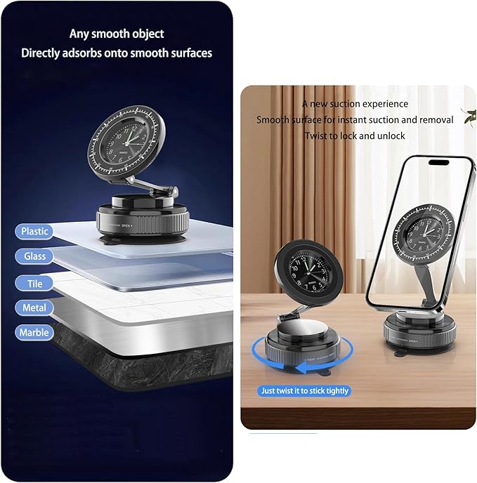 Magnetic Car Phone Holder for iPhone Magsafe, 360°Foldable Suction Cup Phone Mount, Stand for Desk with Clock Compatible with All Smartphones