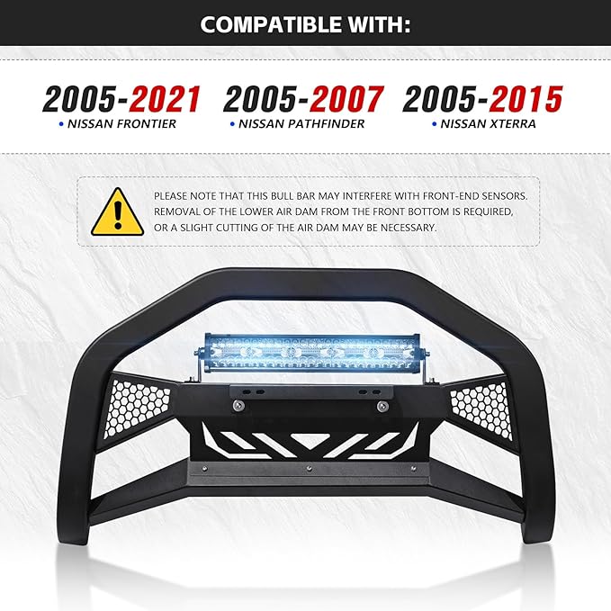 for Frontier Bull Bar Front Brush Guard with LED Light Bar & License Plate Frame Compatible with 2005-2021 Nissan Frontier, Truck Guard Grille Bumper Push Bar (Include Light Mount & Skid Plate)