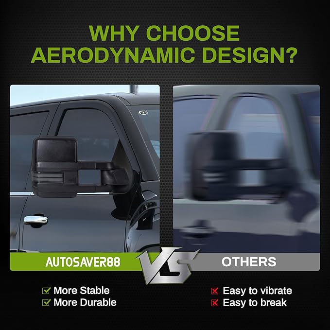 AUTOSAVER88 Towing Mirror Compatible with 2014-2018 Silverado Sierra 1500, 2015-2019 Silverado Sierra 2500 HD 3500 HD, Power Heated Switchback LED Turn Signal (Chrome inside) Manual Telescoping Black