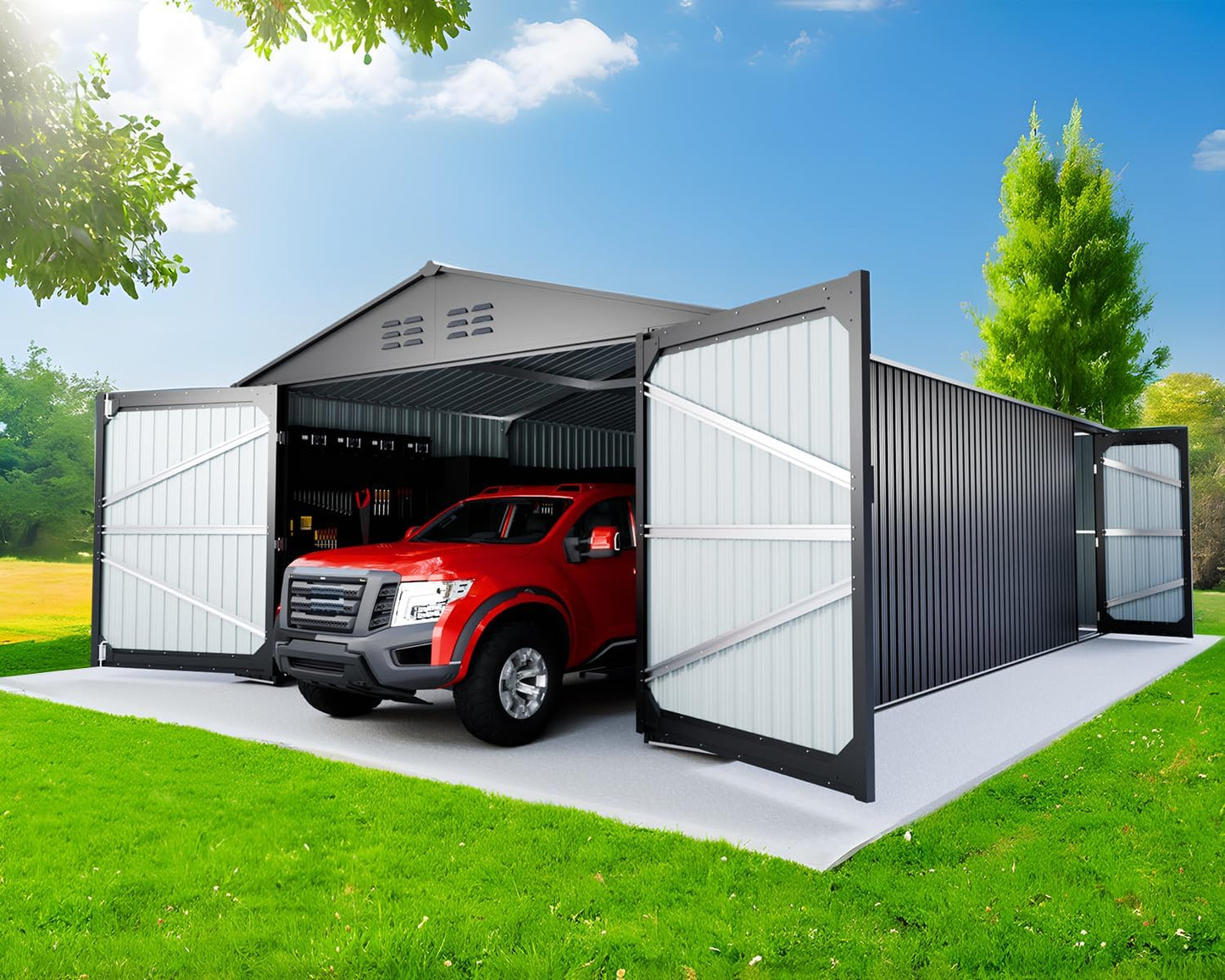 10x20 Metal Shed, Metal Garage Building with 2 Lockable Doors, Prefab Garage Shed with 4 Air Vents, Large Sheds & Outdoor Storage Clearance, Car Sheds for Truck, Tool, Lawnmower, Black