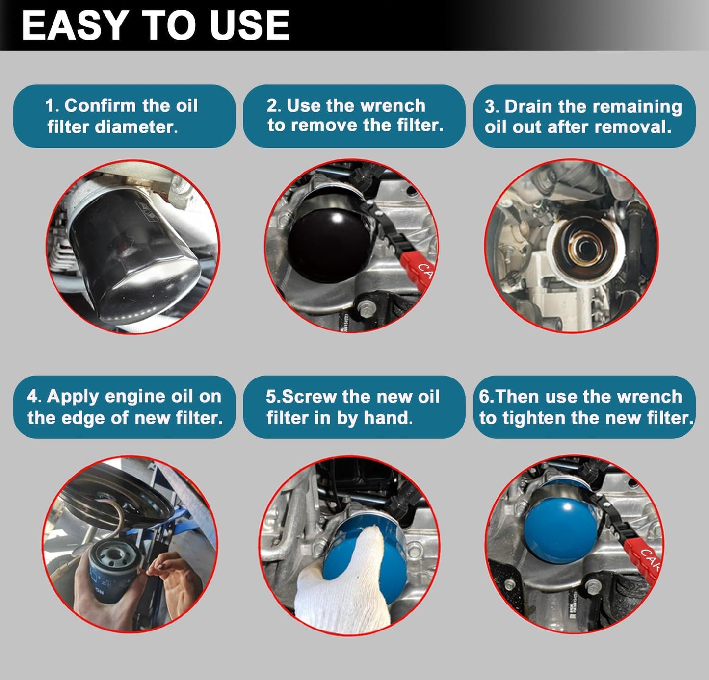 Medium Oil Filter Wrench, Oil Filter Removal Tool Adjustable from 3-5/6" to 4-1/2" for Cars, Motorcycles and Trucks