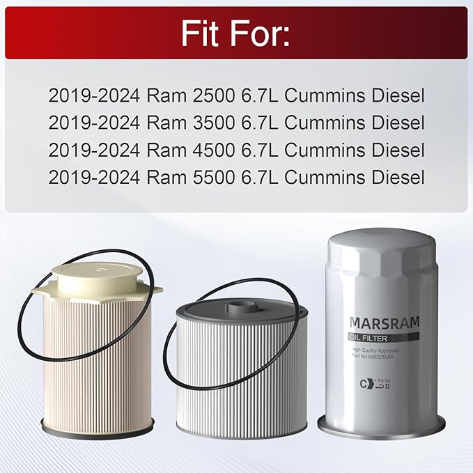 Marsram 6.7 Cummins Fuel Filter and Oil Filter Kit Fits for 2019-2023 Ram 2500 3500 4500 5500, 6.7 Cummins Oil Filter for 2019 2020 2021 2022 2023 Dodge Ram Replaces 68157291AA 68436631AA 5083285AA