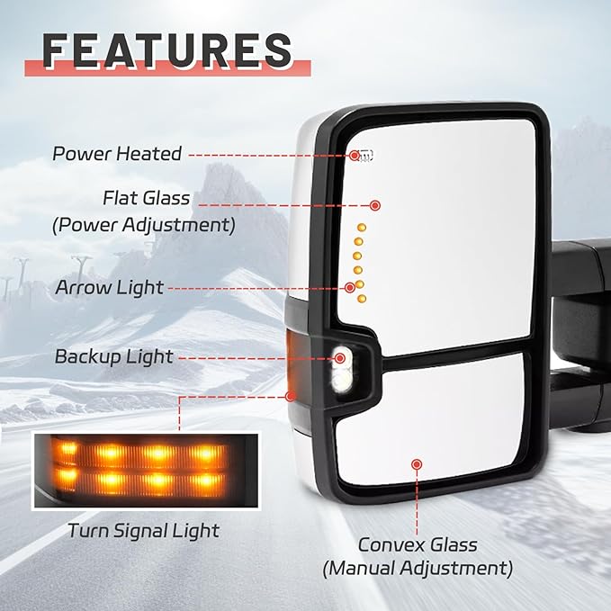 Towing Mirrors for 2003-2006 Chevy Silverado/GMC Sierra 1500 2500 HD 3500(2007 for Classic Style) Avalanche Suburban Tahoe Yukon XL Chrome Power Heat Smoke Signal Light Pair set