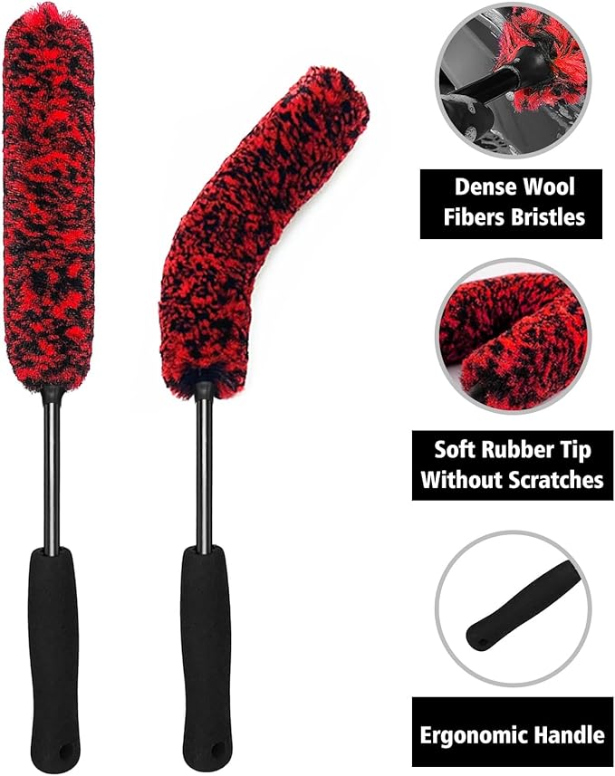 YeewayVeh Wheel Cleaning Kit, 5Pack Bendable Wheel Cleaning Brush and Microfiber Rim Cleaner Brush, Tire Dressing Applicator and Car Detailing Brush for Wheel Care and Cleaning Kit, Red