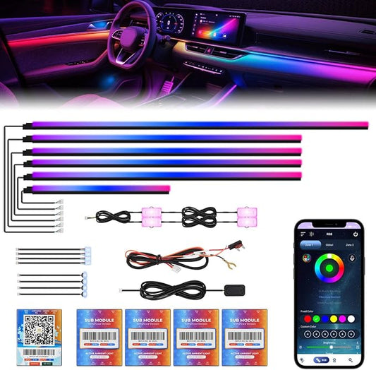New Version Dreamcolor Acrylic Car Interior Lights 18 in 1 RGB Car Ambient Lighting Kit APP Control Zoned Control System 252 Color Modes DIY 16 Million Colors Music Sound Active Neon LED Strip Lights