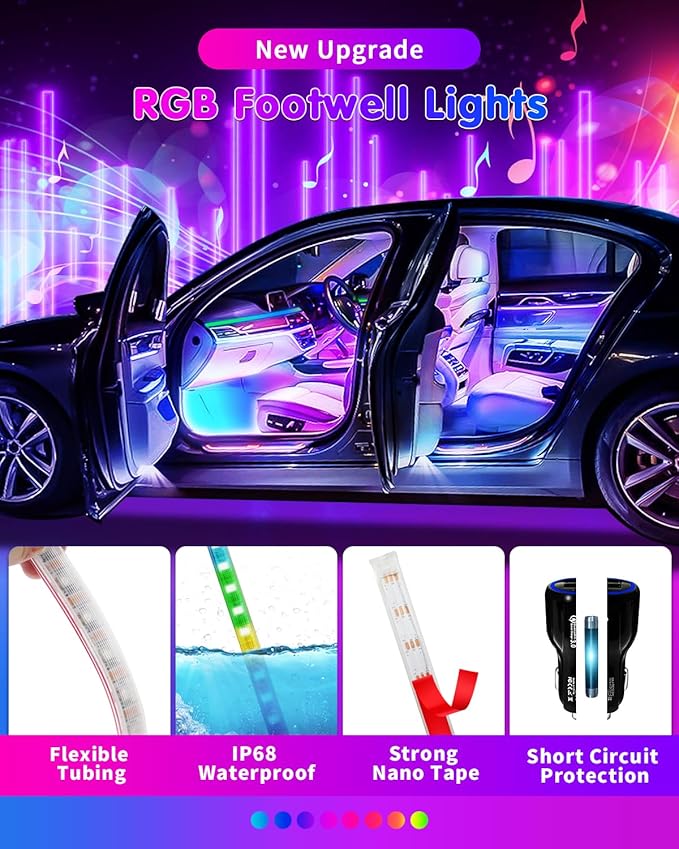 Car Led Light Interior, RGB Dreamcolor Inside Car Light Music Sync, Under Dash Footwell Automotive Strip Light, 12V Acrylic Strip Light for Vehicle, Truck,Jeep, SUV with Car Charger(1set)