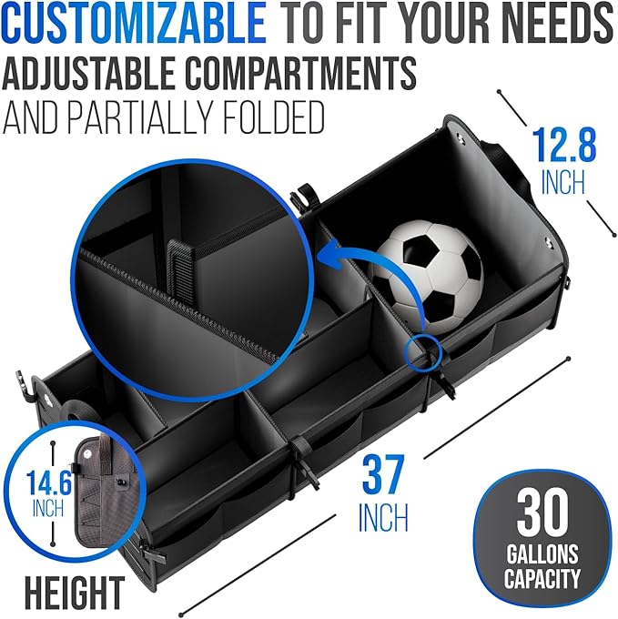 Car Trunk Organizer – Large Collapsible Storage Box with Adjustable Compartments – Heavy-Duty Cargo Organizer for SUV, Truck & Car – Non-Slip Waterproof Trunk Storage Bin for Groceries & Tools - XL