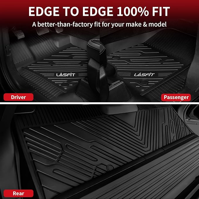 LASFIT Floor Mats for Ford F-150 2021-2025 | F150 Lightning 2022-2025 SuperCrew (Rear w/Fold Flat Storage) Carpet Floor All Weather Car Liners TPE Truck Mats - 1st and 2nd Row, 3pcs Black