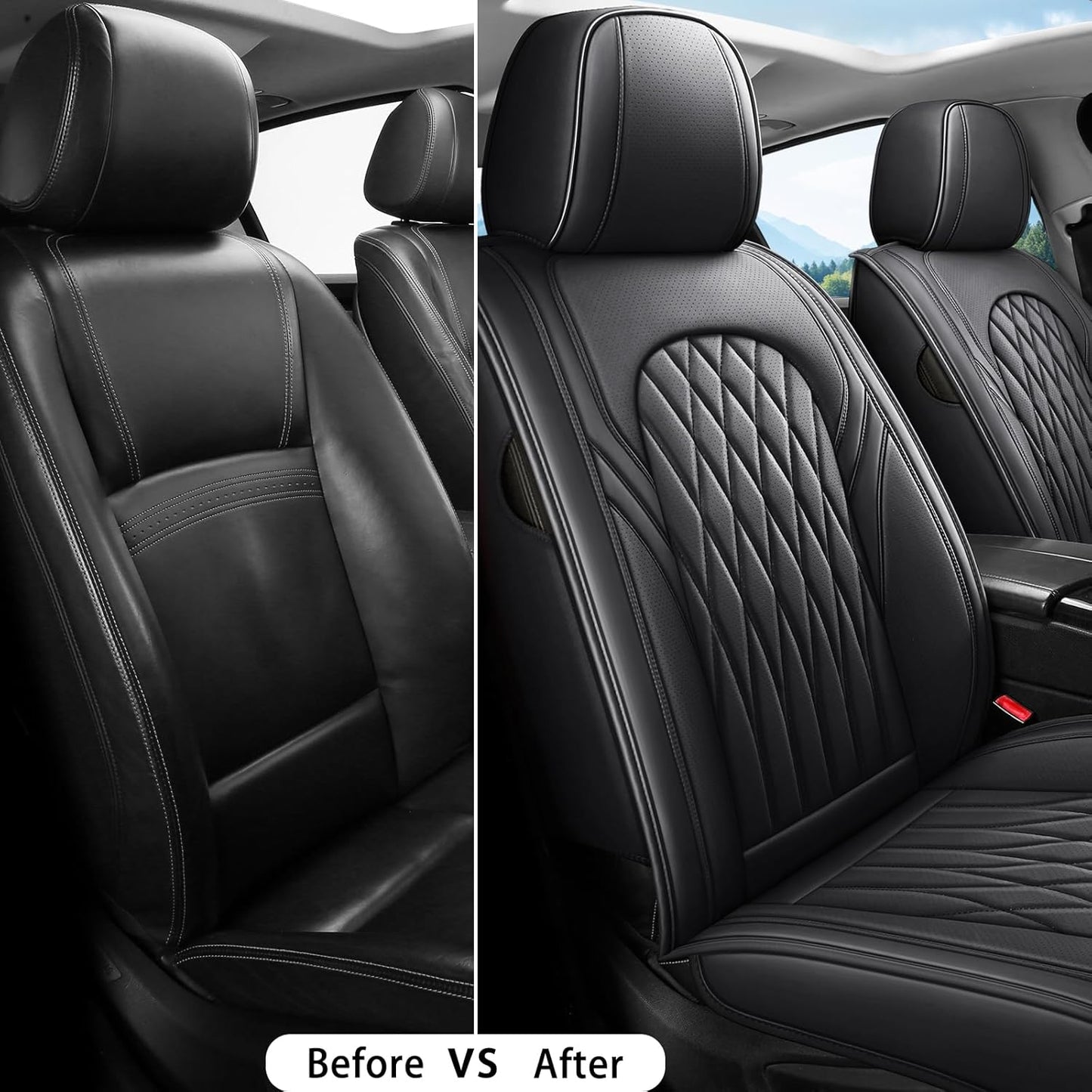 WELLDO Car Seat Covers Front Seats, Leather Seat Covers for Cars, Front Car Seat Protector Waterproof, Non-Slip Car Interior Covers Universal Automotive Seat Covers for Most Vehicle, Black