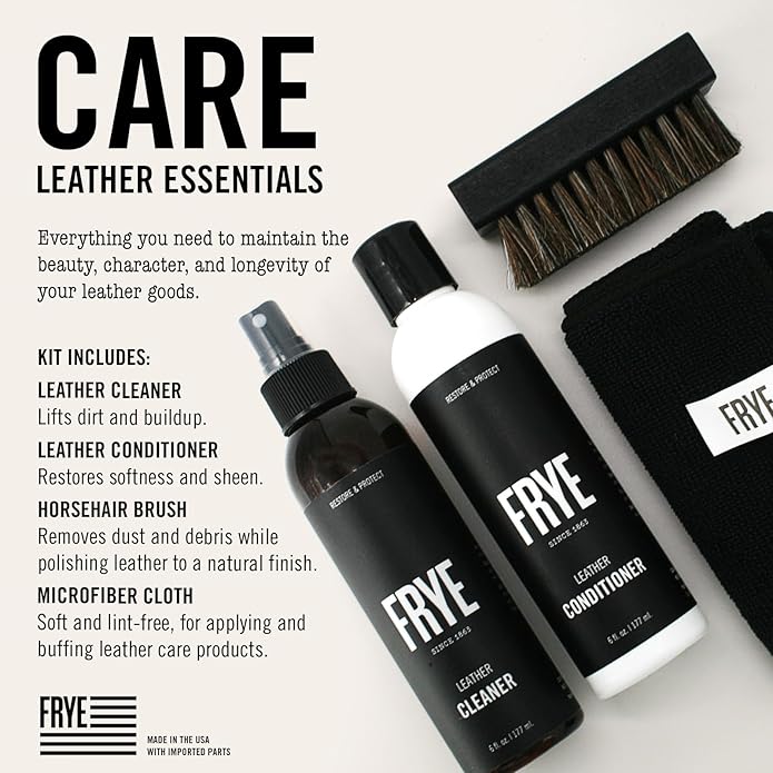 Frye Leather Care Kit – 4 Piece Set with U.S.-Made Leather Cleaner & Conditioner – Brush, Cloth, and Gift Box – Leather Shoe & Boot Cleaning Kit