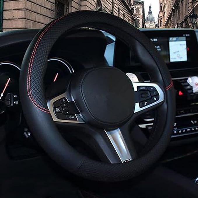 SHIAWASENA Car Steering Wheel Cover, Leather, Universal 15 Inch Fit, Anti-Slip & Odor-Free (Black)