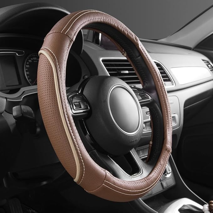 CAR PASS Brown Delux Leather Steering Wheel Cover, Universal Fit for Suvs,Sedans,Vans,Small Trucks for 14.5" to 15"(Brown & Beige Piping)