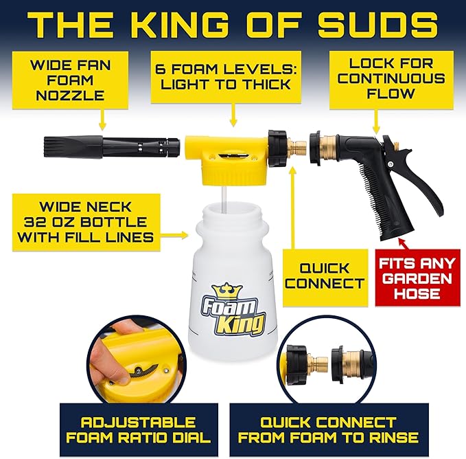 Foam King Car Wash Foam Gun, Foam Cannon for Hose Garden - The King of Suds - Ultimate Scratch Free Cleaning Car Soap Sprayer - Snow Foaming Blaster Fits all Garden Hose