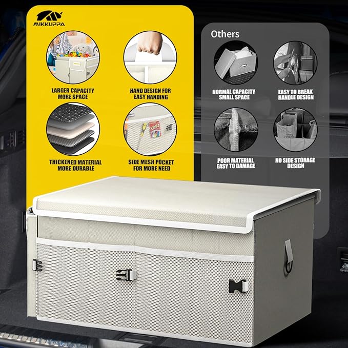 MIKKUPPA Car Trunk Organizer - 65L Collapsible Trunk Organizer with Lid, Sturdy Car Storage for SUV Auto Truck Van with Adjustable Straps and Non Slip Bottom (White)