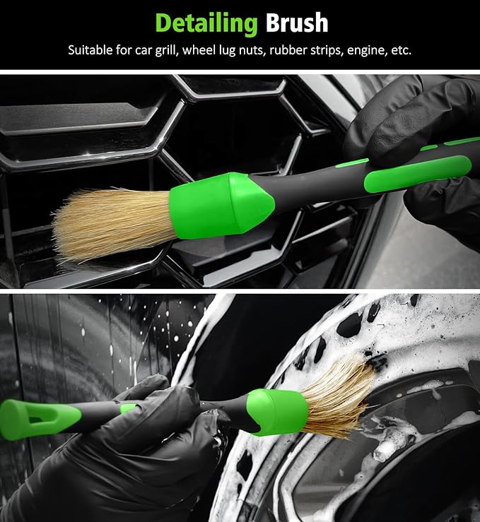 YeewayVeh Car Wheel Brush Kit, 3 Pack Scratch-Free Wheel Cleaner Brush and Detailing Brush, Wheel Car Cleaning Wash Brushes for Vehicle Motorcycle Rim Fenders Engine Exhaust Tips, Green&Black