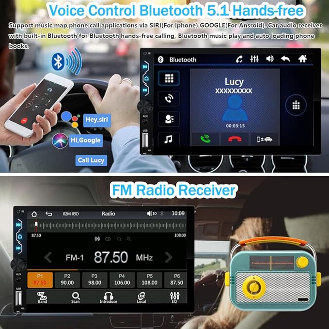 Double Din Car Stereo with Wireless Carplay,Wireless Android Auto,7 inch Touch Screen Radio with Backup Camera,Bluetooth Car Audio Receiver,Mirror Link,SWC,FM/USB/AUX/Subwoofer