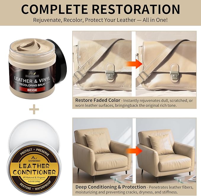 Leather Recoloring Balm with 100ml Mink Oil, Beige Leather Repair Kit and Scratch Remover for Furniture, Car Seats, Sofas, Dye & Restorer for Couches, Vinyl, PU, Faux