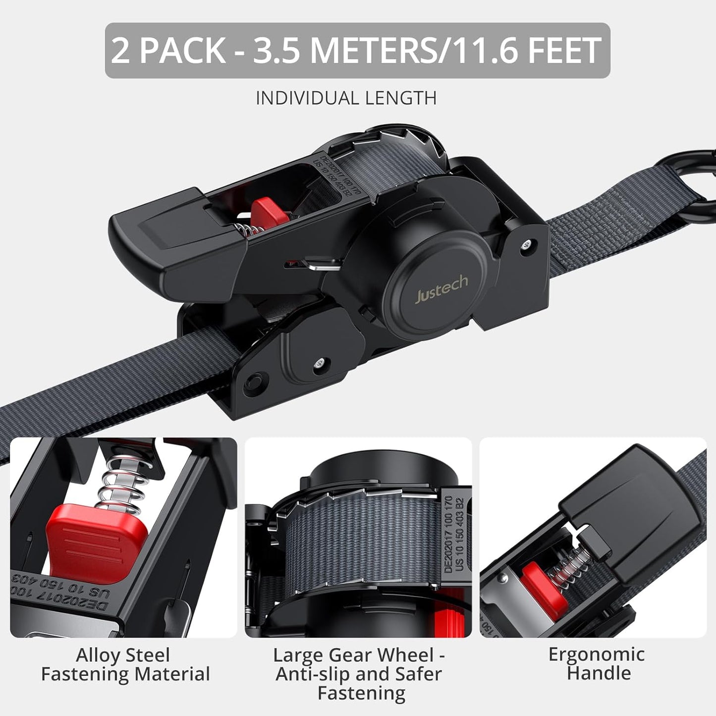 Justech 4 Pack Retractable Ratchet Straps, 1 in x 11.6 ft-1411 lbs Break Strength, Heavy Duty Auto Ratchet Tie Down Straps with Soft Loops & Storage Bag for Motorcycle, Truck, Trailer, Cargo Van, Boat