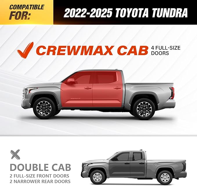 CrewMax Cab Running Boards Side Steps Compatible with 2022 2023 2024 2025 Toyota Tundra Crew Max Cab, Two Stair Design Black Side Rails Nerf Bars (Black Powder Coated, Star Logo)