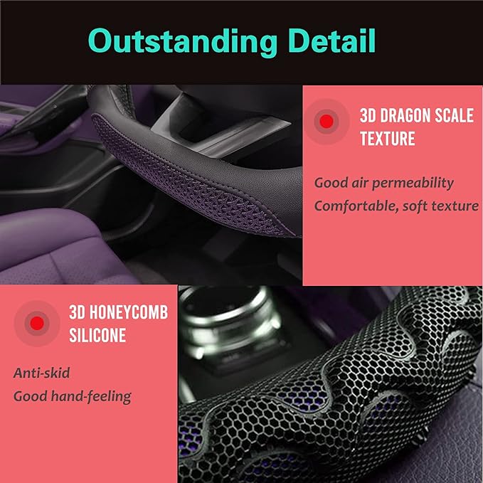 PINCTROT D Shaped 14.5-15 Inch Steering Wheel Cover Great Grip with 3D Honeycomb Anti-Slip Design, Flat Bottom 14.5-15 Inch (Purple)