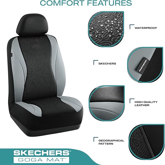 Skechers Car Seat Covers,Leather Seat Covers with GOGA Mat Technology,Waterproof Car Seat Covers Front Seats,Airbag Compatible,Comfort Universal Fit for Most Cars,Vans,Trucks,SUVs,Grey