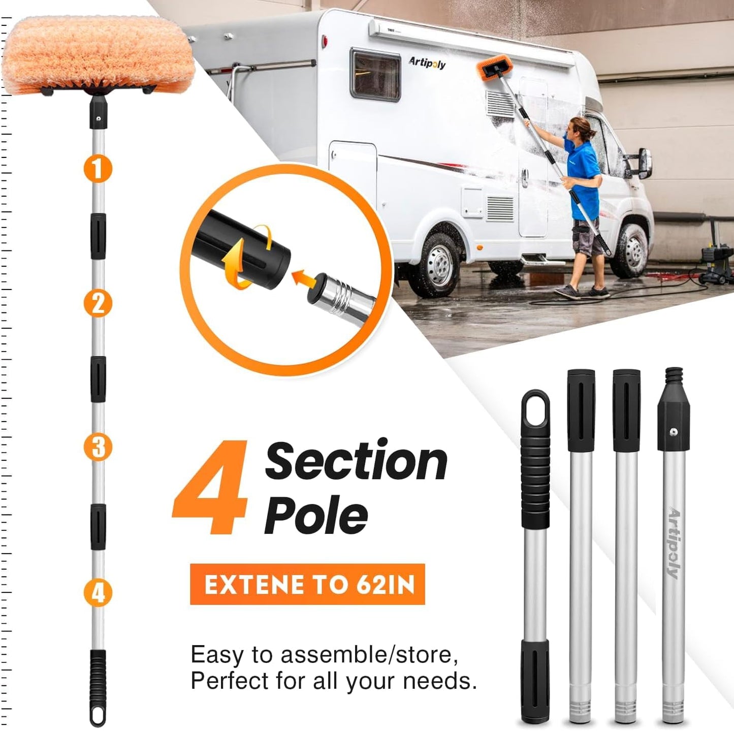65" Car Wash Brush with Extension Pole, Car Wash 12" Dip Soft Five-Sided Brush, No Scratch Car Cleaning Brush Supplies for RV Boat Truck SUV, House Siding, Snow