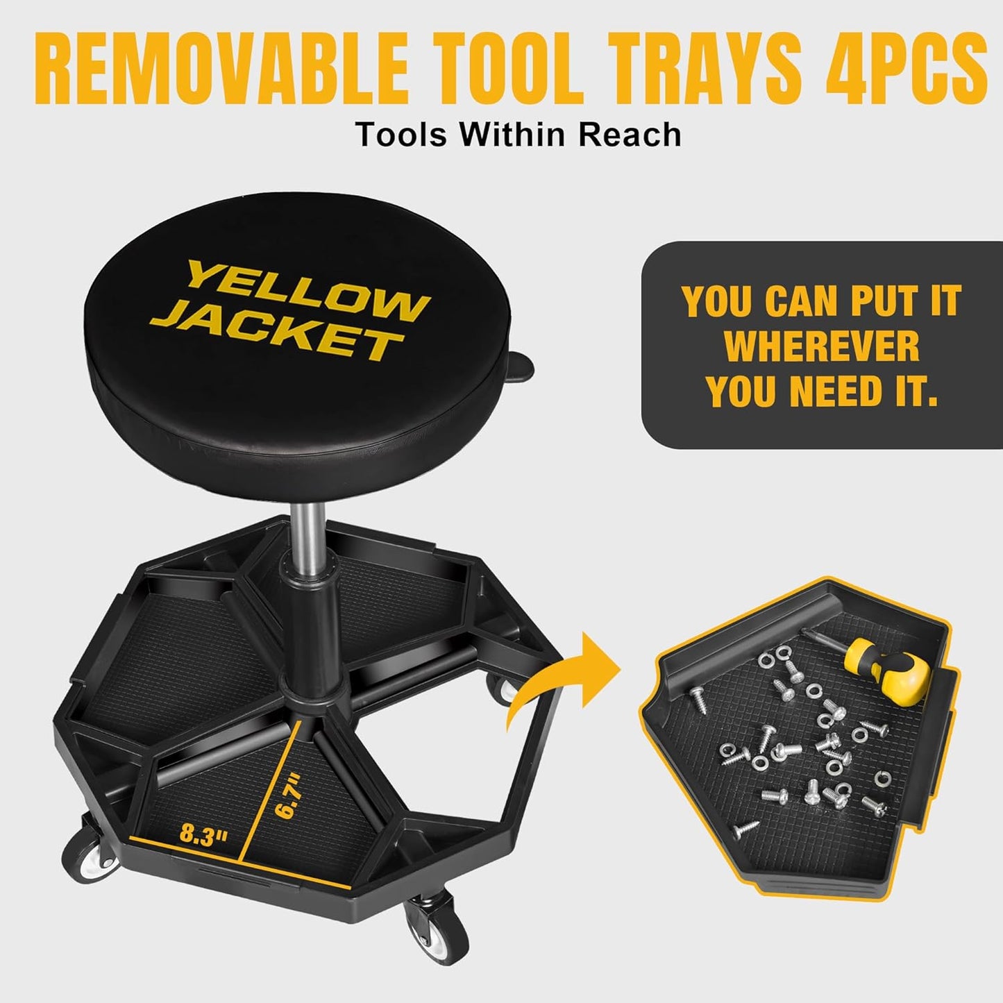 YELLOW JACKET Rolling Garage Seat Adjustable Pneumatic Shop Creeper Seat 300Lbs Mechanic Stool with Wheels and Removable Tool Tray Storage Workshop Chair for Auto Repair