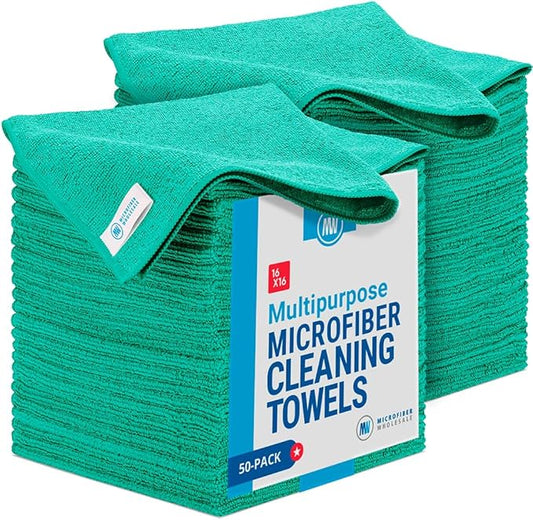 Microfiber Wholesale 16" x 16" All Purpose Towels - 50 Pack - Reusable Wash Cloths, Dust, Kitchen, Car, Shop Rags for Cleaning (Green)