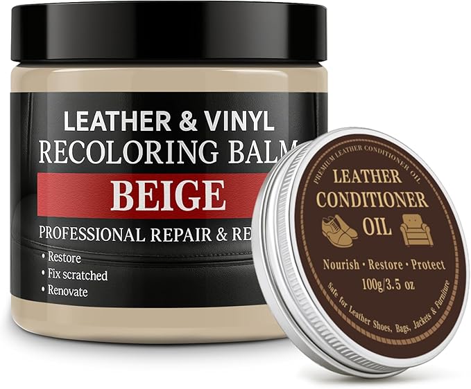 Leather Color Restorer, Leather Recoloring Balm, Scratch Remover, Leather Dye, Leather Paint with Leather Conditioner, Leather Repair Kit for Furniture Couches Car Seats Shoes, Beige