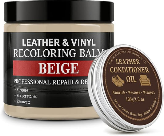 Leather Color Restorer, Leather Recoloring Balm, Scratch Remover, Leather Dye, Leather Paint with Leather Conditioner, Leather Repair Kit for Furniture Couches Car Seats Shoes, Beige