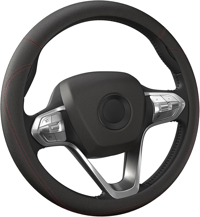HOTOR Car Steering Wheel Cover - Universal Car Accessory for Diverse Cars, Durable Leather Cover with Anti-Slip Lining, for Steering Wheel with a Diameter of 14.5"-15", Black with Red line