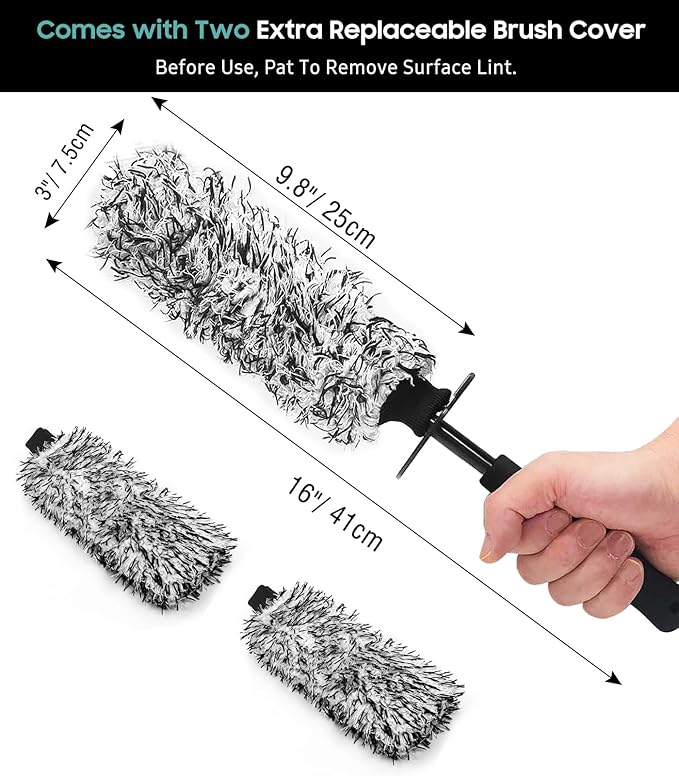 YeewayVeh 3PCS Wheel Cleaning Brush, Microfiber Flat Wheel Rim Cleaner Brush with 2 Extra Replaceable Cover, Car Cleaning Brush Kit for Wheels Tire Fenders Engine Exhaust Tips, Black&White
