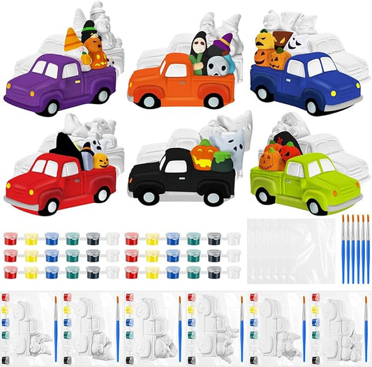 JellyArch 6 Set Halloween DIY Ceramics to Painting Kits 3D Ceramic Truck to Paint Your Own Truck with Pumpkins Ghost Cross Statues Unpainted Plaster Crafts with Brush Paint Bag for Adult