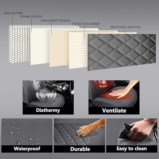 Premium Leather Car Seat Covers Front Pair,Universal Fit for Cars,Trucks&SUVs,Waterproof Car Seat Cushion,Full Coverage Car Seat Protector with 2 Seats,Grey