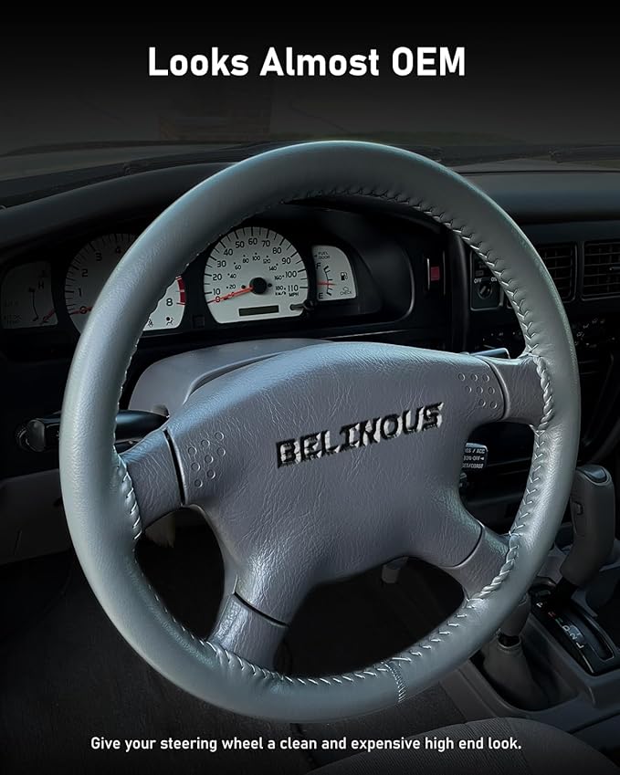 BELINOUS Leather Steering Wheel Cover Lace Up, Stitch On Wrap, Universal Fit 13-20 inch Car Truck SUV Pickup Boat, A Whole Piece of Cowhide, DIY Stitch w/Needle Thread (Size L6, Gray)