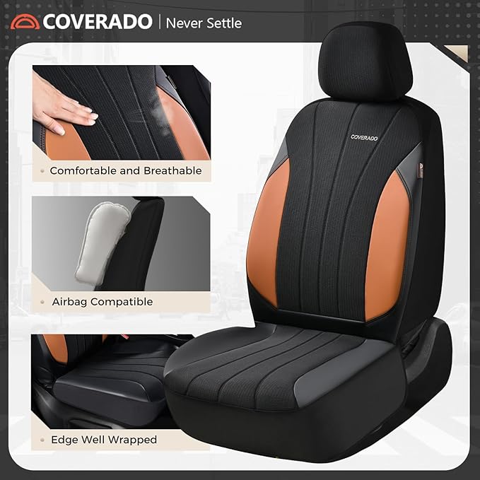 Coverado Seat Covers for Car, Leather Automotive Car Seat Covers 5 Seats, Mesh Breathable Auto Seat Protectors, Brown Seat Covers Universal Fit for SUV, Truck, Vans, Sedan