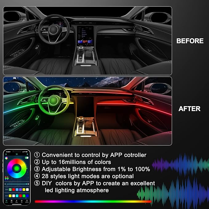 Acrylic Interior Car LED Strip Light with Wireless APP, RGB Dreamcolor 5 in 1 Ambient Lighting Kits, 16 Million Colors Sound Active Function Car Neon Lights, Sync to Music (dreamcolor 5 in 1)