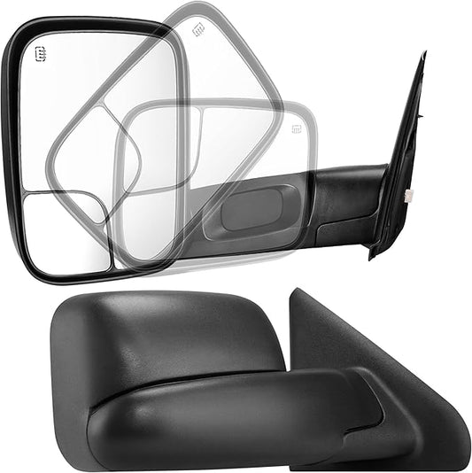 DWVO Side Towing Mirrors Compatible with 2002-2008 Dodge Ram 1500, 2003-2009 Dodge Ram 2500 3500 Pickup Truck, Power Heated Manual Folding Flip Up Pair Set