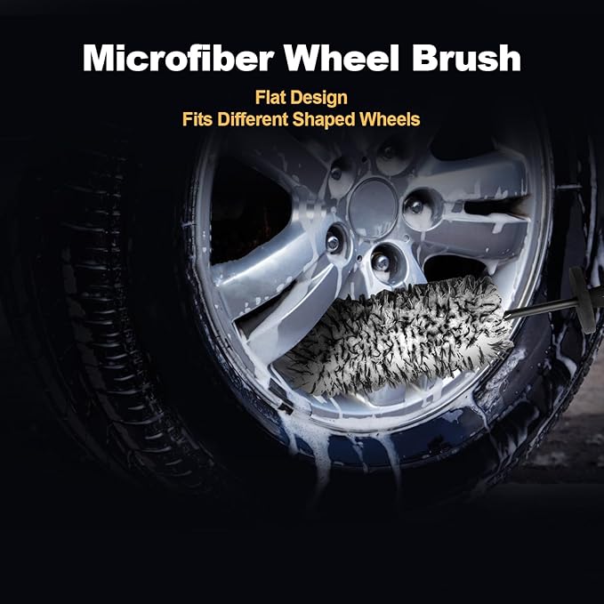 9PCS Scratch-Free Car Wheel Cleaning Kit - Soft Rims Brush, Microfiber Flat Wheel Brush, Boar Hair Detail Brush & Cleaning Pads, Towel & Storage Bag | for Sedans, SUVs, Trucks & ATVs