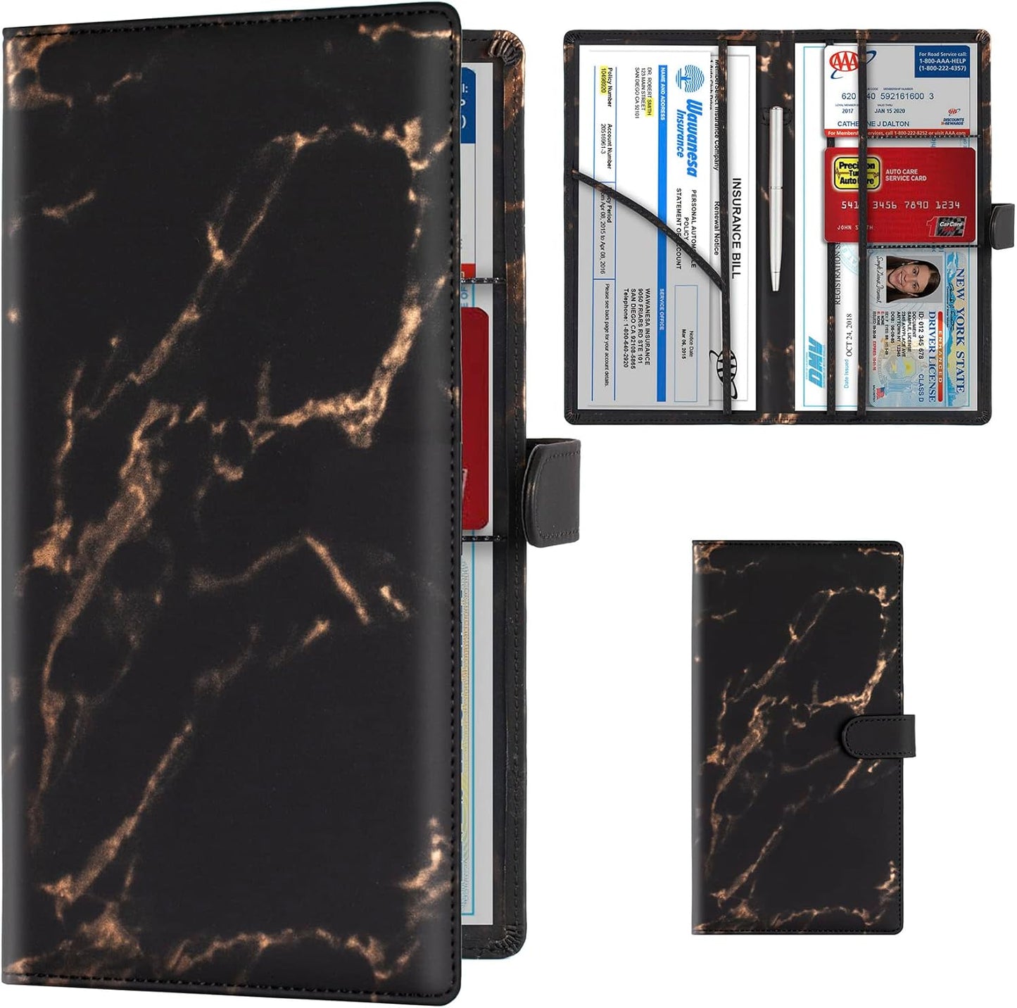 TOURSUIT Car Registration and Insurance Card Holder, Vehicle License Document Glove Box Compartment Organizer, Interior Car Accessories for Women Men (Marble Black)