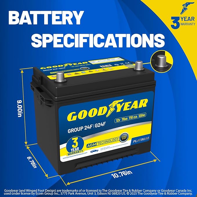 Goodyear 24F-AGM BCI Group Size 24F 12V 70 AH, 120RC, 710 CCA Platinum series Rechargeable AGM Maintenance Free Automotive Battery