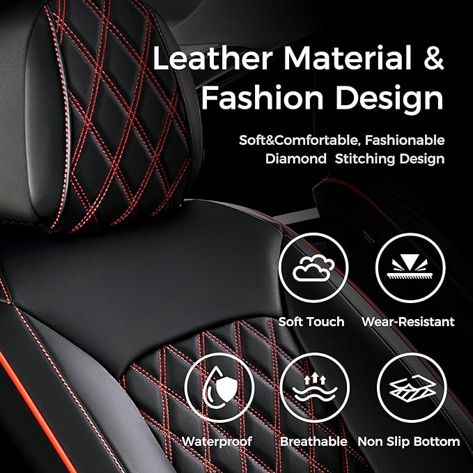 Huidasource Seat Covers for Car, Full-Cover Nappa Leather Car Seat Covers Full Set Waterproof, Black Car Seat Cover Front ＆ Back Seat Fit for Most Cars, Vans, Trucks, SUVs (Full Set/Black&Red)