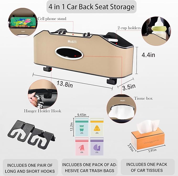 Mu&Ti Back Seat Car Organizer, Multifunctional Car Seat Back Storage Box with 2 Cup Holders, Tissue Box and Hook - Ideal for Kids and Travel(Beige)