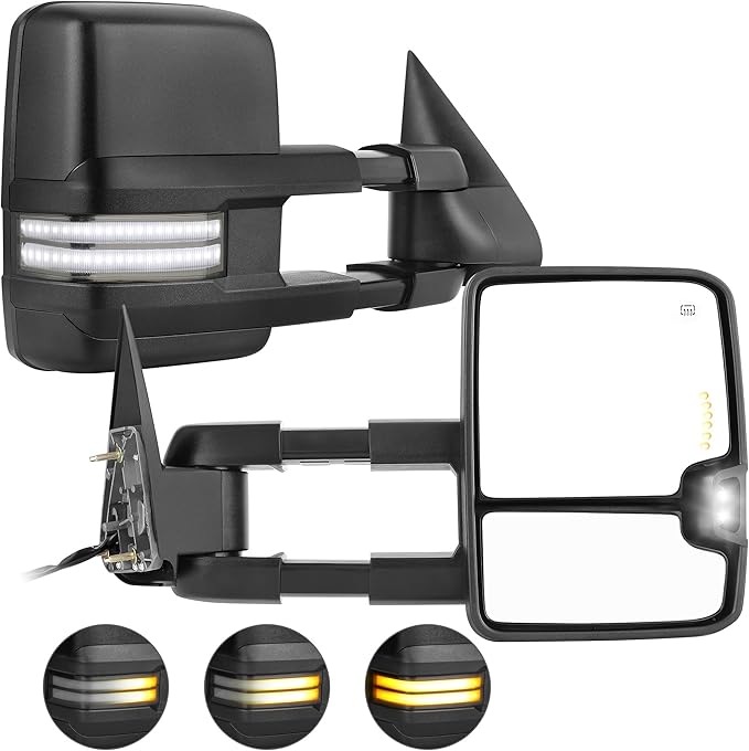 AUTOSAVER88 Towing Mirror Compatible with 2003-2006 Silverado Sierra 1500 2500HD 3500HD Tahoe Yukon, Power Heated Switchback LED Turn Signal Light (Chrome inside) Manual Telescoping Folding Black