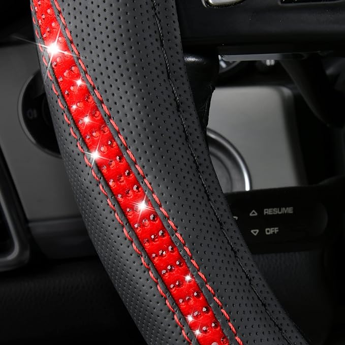 CAR PASS Bling Diamond Black Leather Steering Wheel Cover, Studded Crystal Rhinestones Universal Fit 14" 1/2-15" Glitter for Women Sparkle Girl Fit Suvs,Vans,Sedans,Car,Trucks, Red Diamond