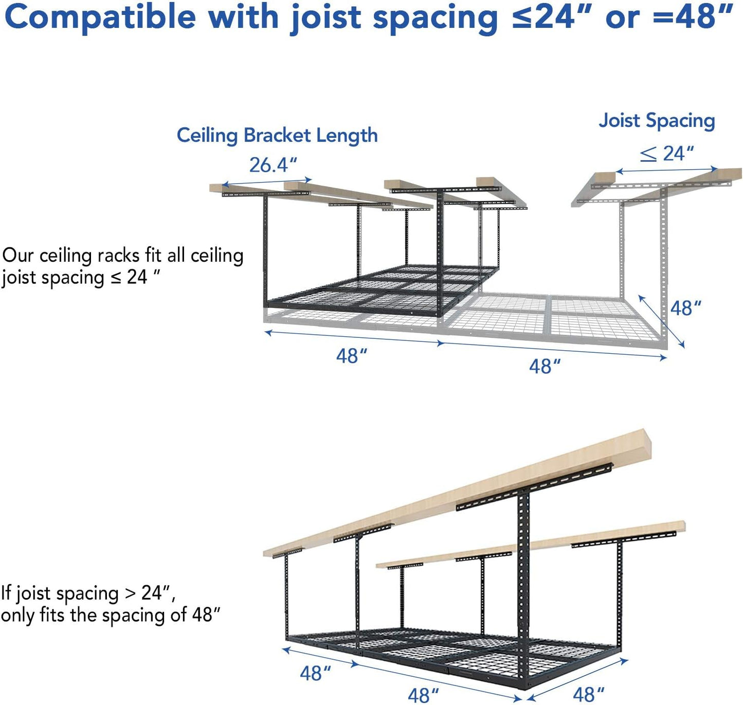 FLEXIMOUNTS 4x8 Overhead Garage Storage Rack, Adjustable Organization System, Heavy-Duty Metal Ceiling Racks, 2 pack, Black