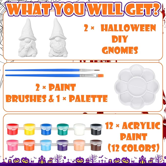 Hollowfly 2 Pack Halloween Ready to Paint Your Own Gnome Statues, 4 Spider Web Pumpkin Mini Blank Ceramics Unpainted Gnome Figurines Craft DIY Art with Brush Palette Paint for Adults