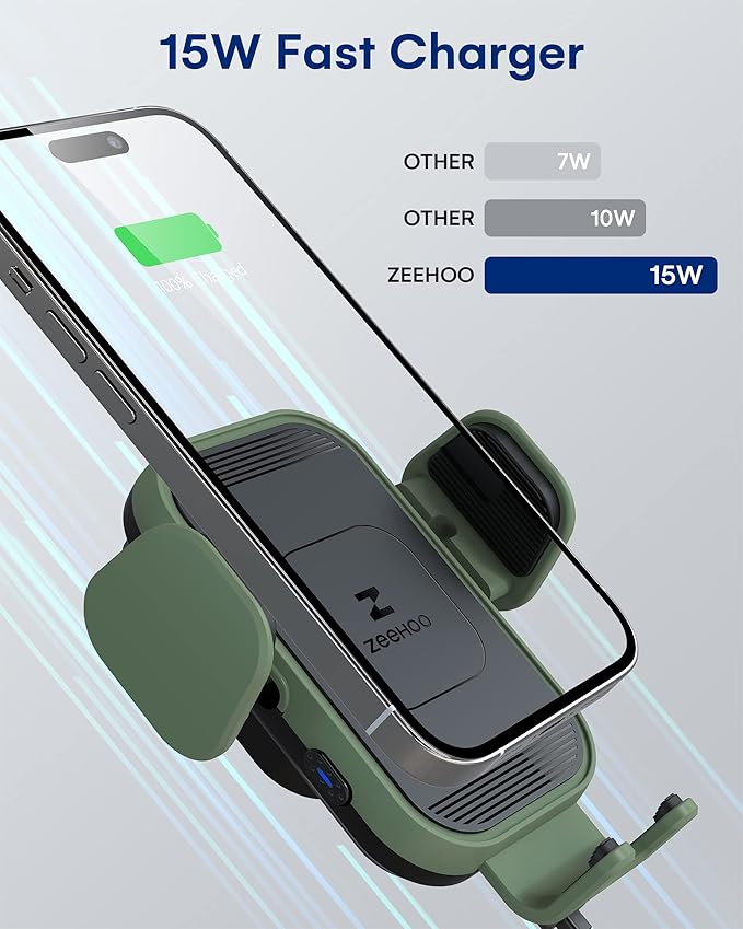 ZeeHoo Wireless Car Charger, 15w Fast Charging, Auto Clamping Car Phone Mount, Cell Phone Holder Charger, for iPhone 17 16 15 14 13 12 11 Pro Max Xs, Samsung Galaxy S23+ S22, Etc.(Grey)